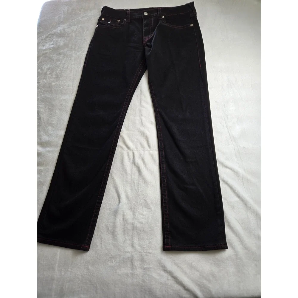 True Religion Ricky Relaxed Straight Black Jeans Red‎ Contrast Stitch Mens 36
